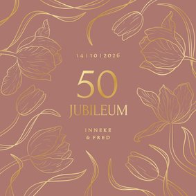 Jubileumkaart roest bruin met vintage tulpen goudfolie