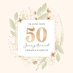 Jubileumkaart stijlvol botanisch zacht groen oker goudlook