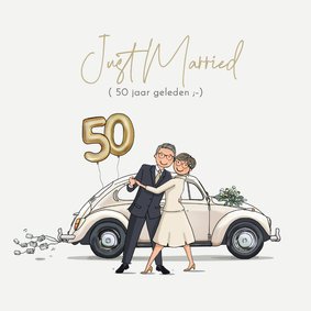 Jubileumkaart volkswagen kever met echtpaar en ballonnen