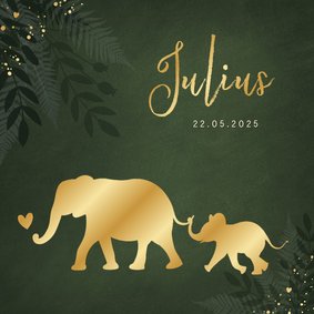 Jungle geboortekaartje jongen met gouden silhouet olifant