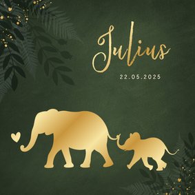 Jungle geboortekaartje jongen met gouden silhouet olifant