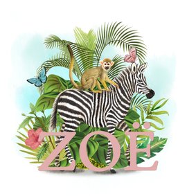 Jungle geboortekaartje met zebra en aapje en vlinders