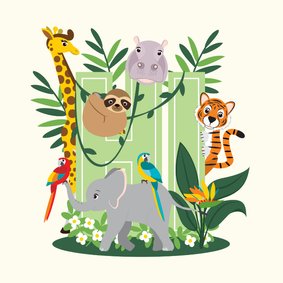 Kaartje met lieve jungledieren die hi zeggen