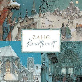 Kerst Anton Pieck kaart met 4 illustraties religieus