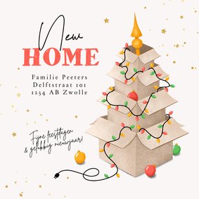 Kerst- verhuisbericht verhuisdozen kerstboom new home