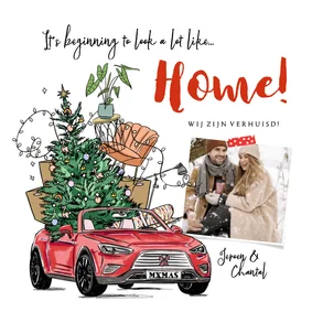 Kerst verhuiskaart auto kerstboom verhuisdozen meubels foto