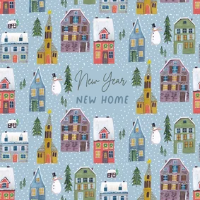 Kerst verhuiskaart huisjes in de sneeuw