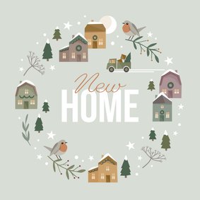 Kerst-verhuiskaart kerstdorpje met verhuiswagen