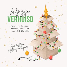 Kerst verhuiskaart verhuisdozen kerstboom new home