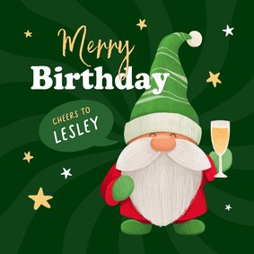 Kerst verjaardagskaart gnome kabouter champagne proost