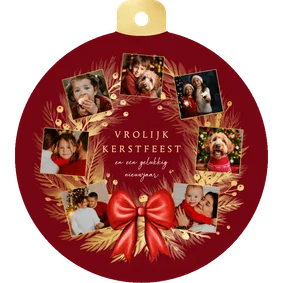Kerstbal fotocollage gouden kerstkrans met rode strik