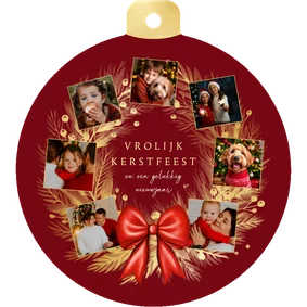 Kerstbal fotocollage gouden kerstkrans met rode strik