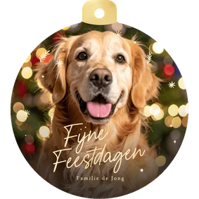 Kerstbal kaart met grote foto van je huisdier en sterren