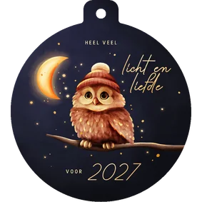 Kerstbal kerstkaart uiltje licht en liefde voor 2027