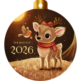 Kerstbal nieuwjaarskaart hert met roodborstje in bos