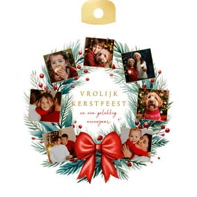 Kerstbalkaart fotocollage met kerstkrans en rode strik
