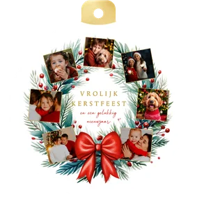 Kerstbalkaart fotocollage met kerstkrans en rode strik