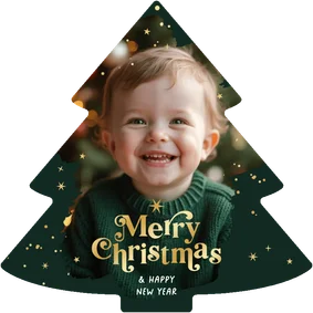 Kerstboom fotokaart merry christmas goud sterren