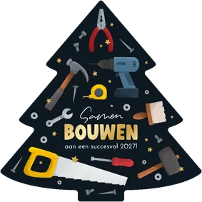 Kerstboom kerstkaart bouwbedrijf gereedschap sterren goud