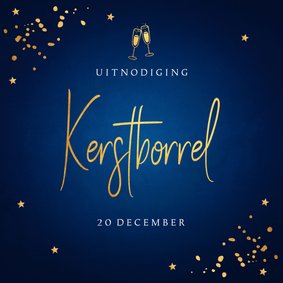 Kerstborrel uitnodiging blauw goudlook confetti