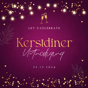 Kerstdiner uitnodiging paars lampjes confetti goudlook