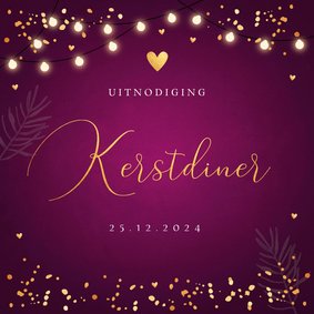 Kerstdiner uitnodiging paars lampjes confetti goudlook