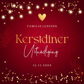 Kerstdiner uitnodiging rood confetti goudlook