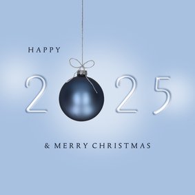 Kerstkaart 2025 blauw kerstballen