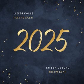 Kerstkaart 2025 jaartal goud spetters blauw