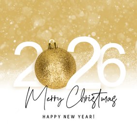 Kerstkaart 2026 gouden kerstbal en sneeuw