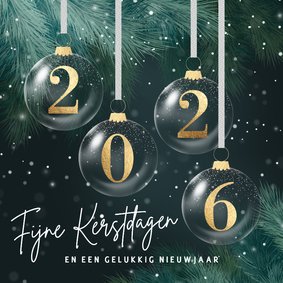 Kerstkaart 2026 gouden kerstballen groene takken