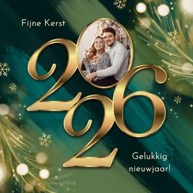 Kerstkaart 2026 jaartal goud verf rood blauw lichtjes foto
