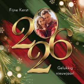 Kerstkaart 2026 jaartal goud verf rood groen lichtjes foto