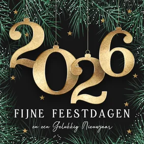 Kerstkaart 2026 met kerstballen in goud