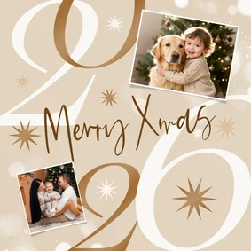 Kerstkaart 2026 modern sprankelend sterren foto champagne