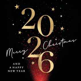 Kerstkaart 2026 rood sprankelende sterren