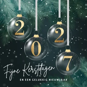 Kerstkaart 2027 gouden kerstballen groene takken