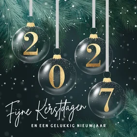 Kerstkaart 2027 gouden kerstballen groene takken
