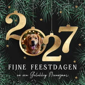 Kerstkaart 2027 kerstballen hond