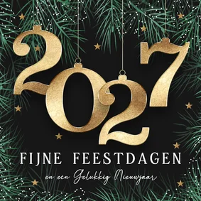Kerstkaart 2027 met kerstballen in goud