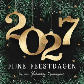 Kerstkaart 2027 met kerstballen in goud