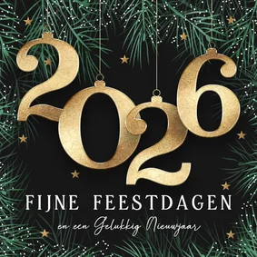 Kerstkaart 2027 met kerstballen in goud