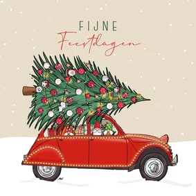 Kerstkaart 2cv rood met kerstboom