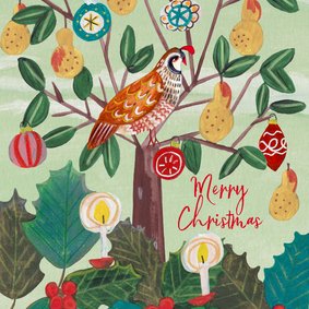 Kerstkaart 'a partridge in a pear tree' illustratie