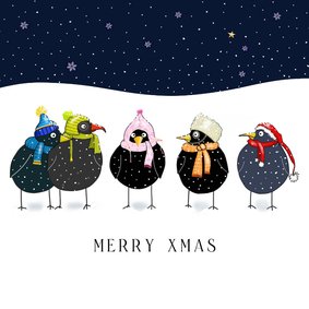 Kerstkaart acht vogels vieren kerst