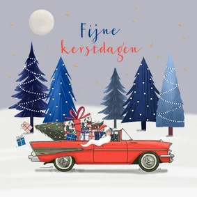 Kerstkaart amerikaanse auto rood met kerstman