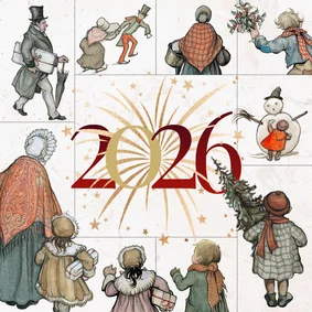 Kerstkaart Anton Pieck vuurwerk 2026