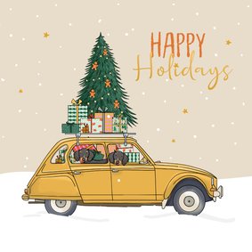 Kerstkaart auto Citroën eend met teckels