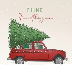 Kerstkaart auto rood met kerstboom