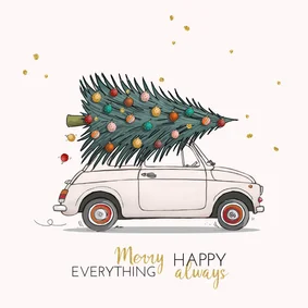 Kerstkaart auto wit met kerstboom